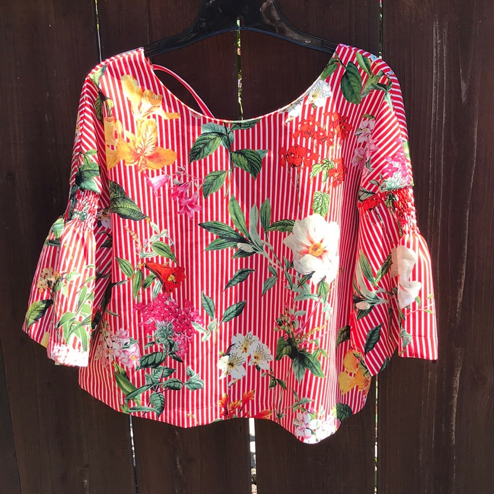 ZARA red Hawaiian floral cropped top US sz. L